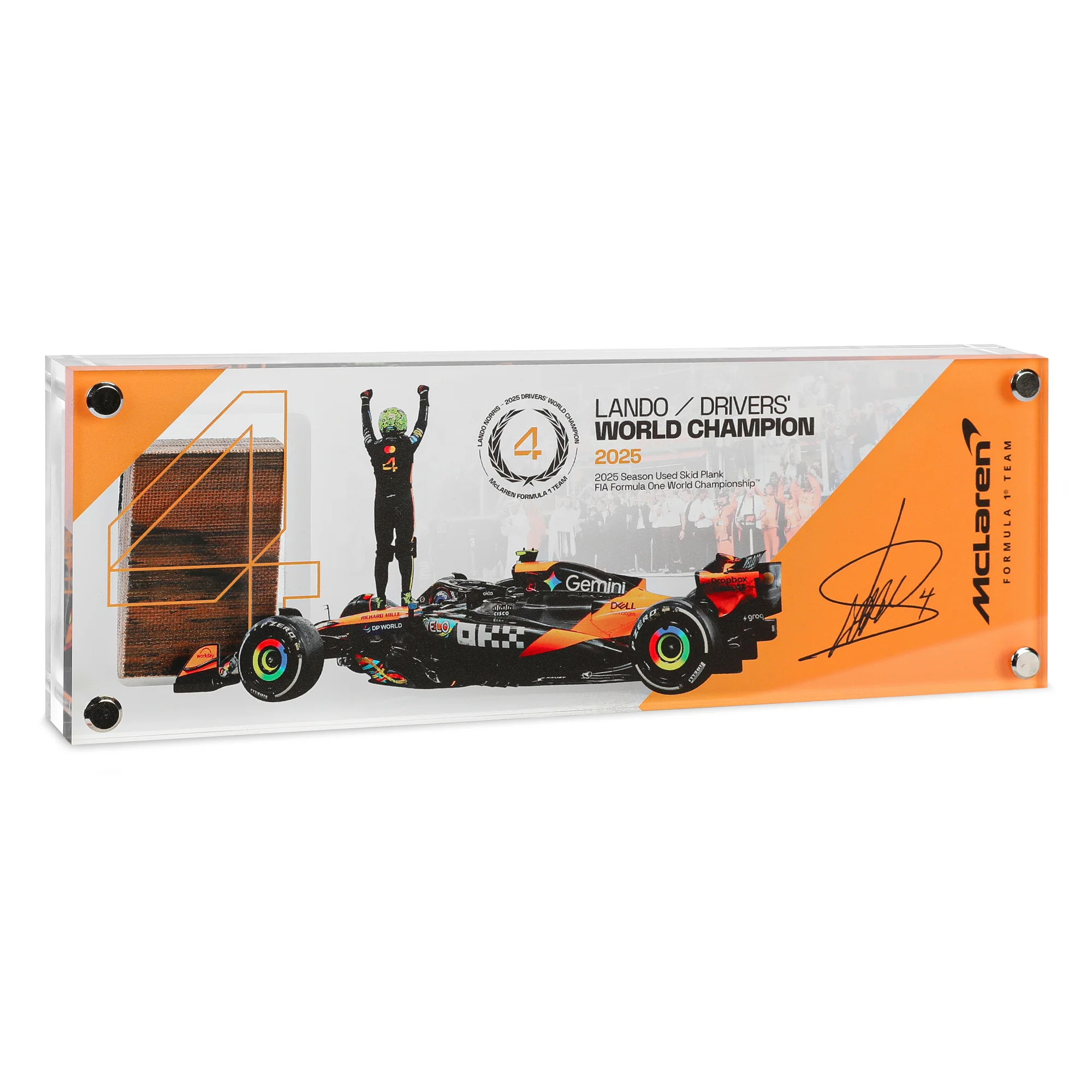 Lando Norris 2025 Grand Prix Used McLaren Skid Plank Piece in Acrylic - Championship Edition